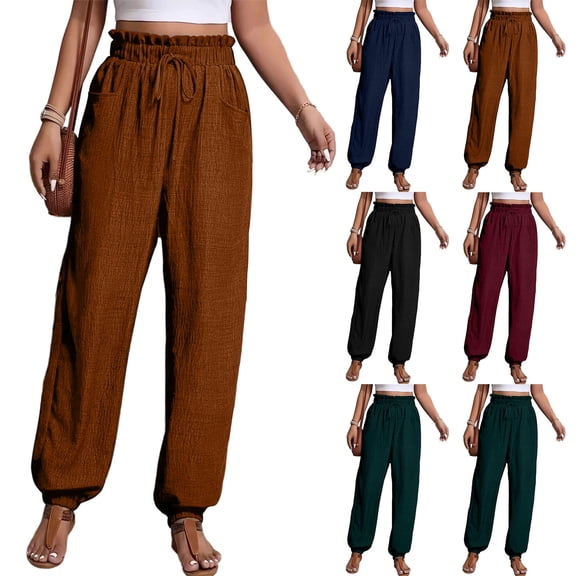 Laqbezok Women's Cotton Linen Joggers, High Waist Paper Bag Trousers with Pockets, Casual Loose Tapered Pants for Summer Beach Vacation Travel
