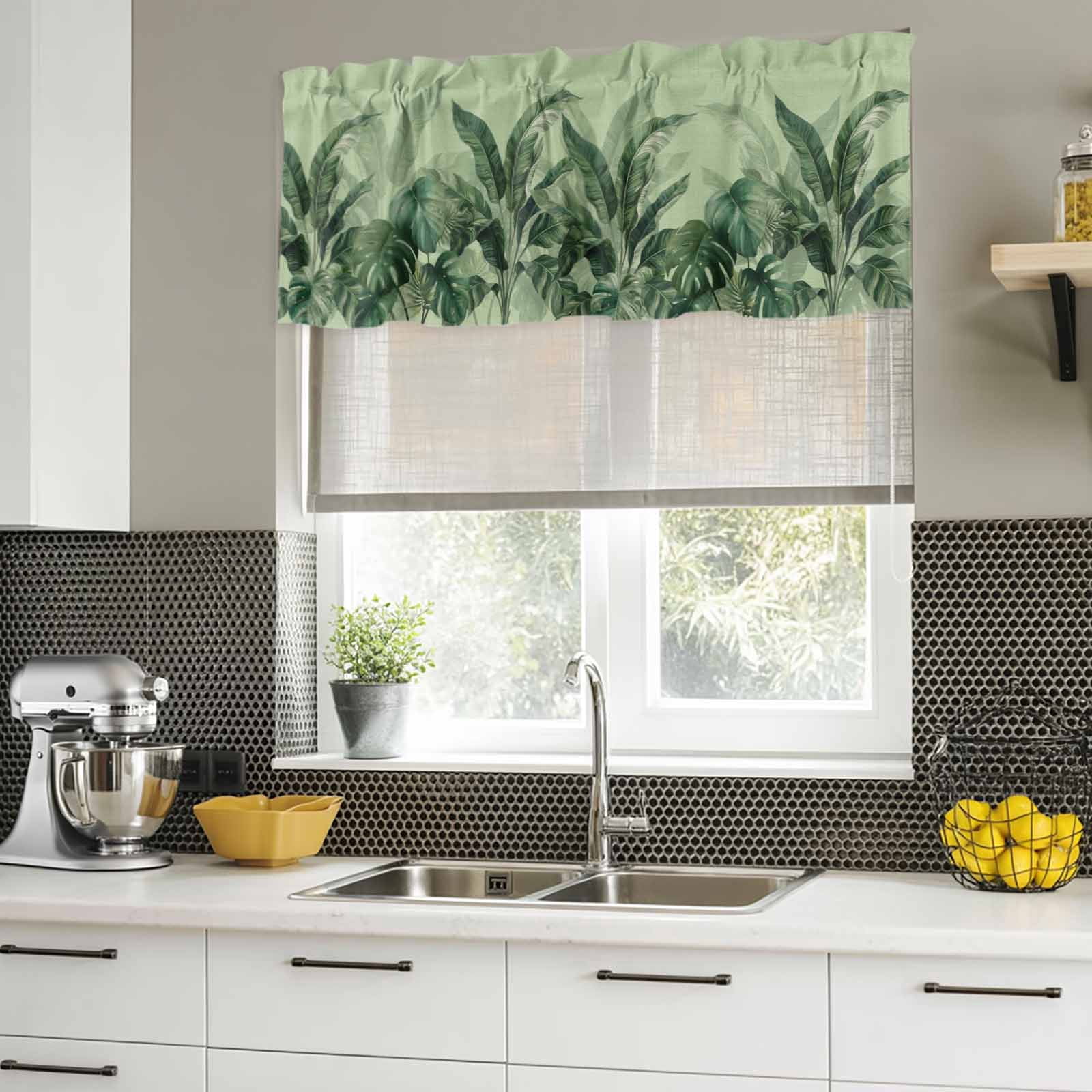 2 Pack Valances for Windows, Palm Leaves Tropical Window Valances for Living Room/Bedroom/Bathroom, Green Botanical Summer Green Ombre Light Filtering Kitchen Curtain Valance 54"W x18" L