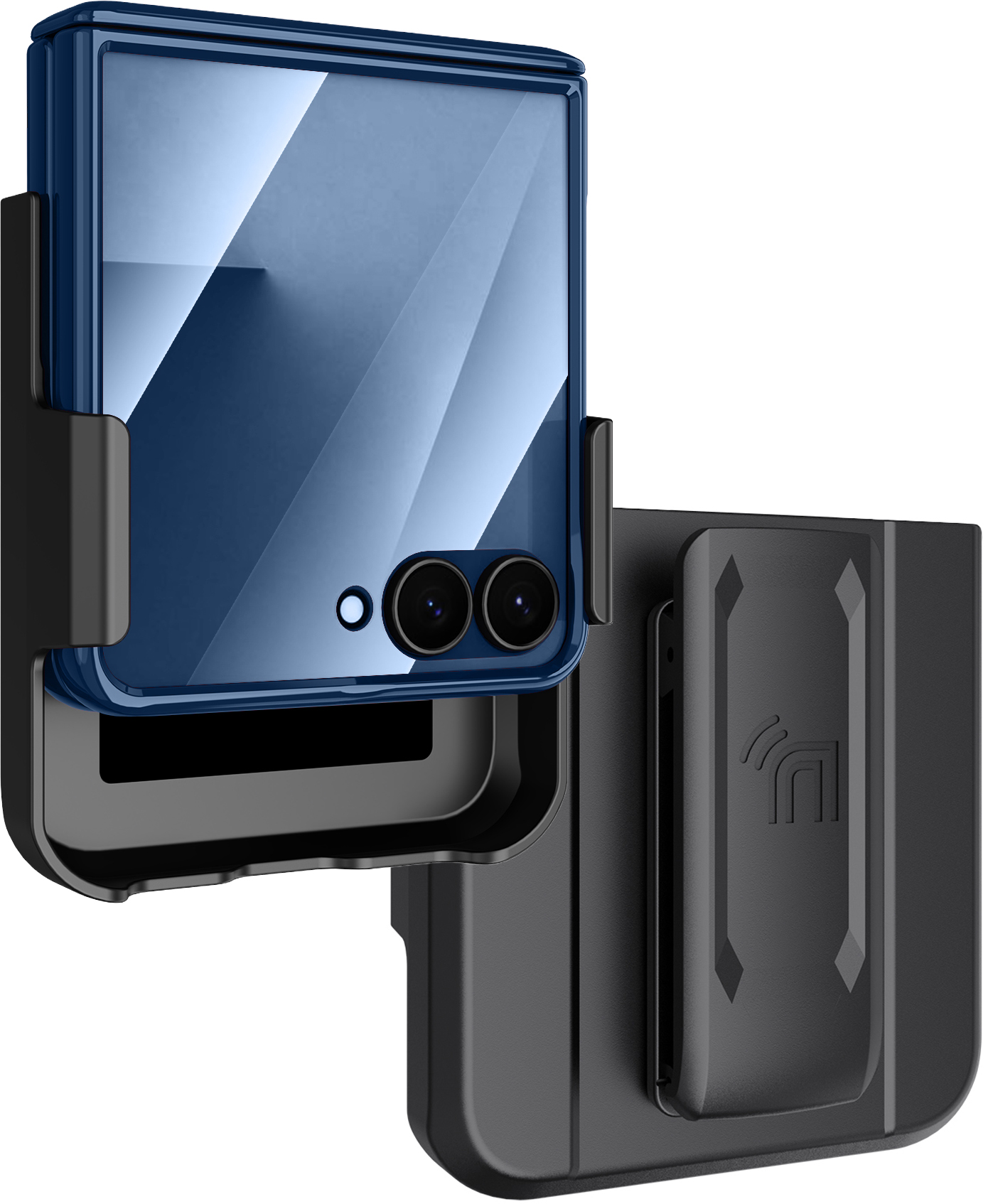 Nakedcellphone Electro Combo for Samsung Galaxy Z Flip 7 Phone Case with Belt Clip Holster Holder - Built-In Screen Protector - Hinge Cover - Compatible with MagSafe - Blue/Clear