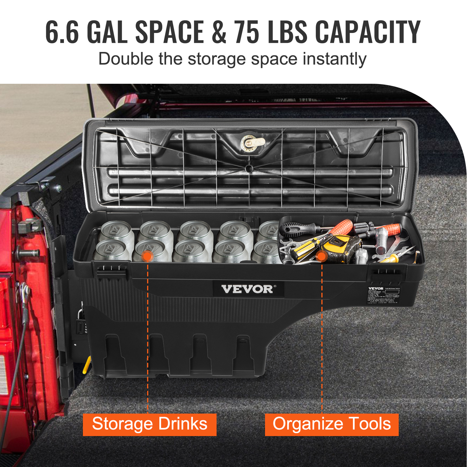 VEVOR Truck Bed Storage Box, Lockable  with Password Padlock, 6.6 Gal/25 L ABS Wheel Well Tool Box, Waterproof and Durable, Compatible with Ford F-150 2015-2021, Drivers Side