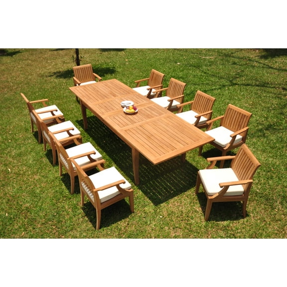 Grade-A Teak Dining Set: 10 Seater 11 Pc: 122" Atnas Double Extension Rectangle Table And 10 Lagos Arm Chairs Outdoor Patio WholesaleTeak #WMLGx