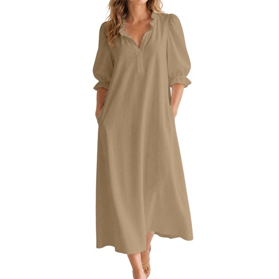 Qiggri Women's Ruffled V‑Neck Puff 3/4 Sleeve Maxi Dress Solid Color Loose Casual Dress With Pockets for Beach Vacation Summer Fall Workout L