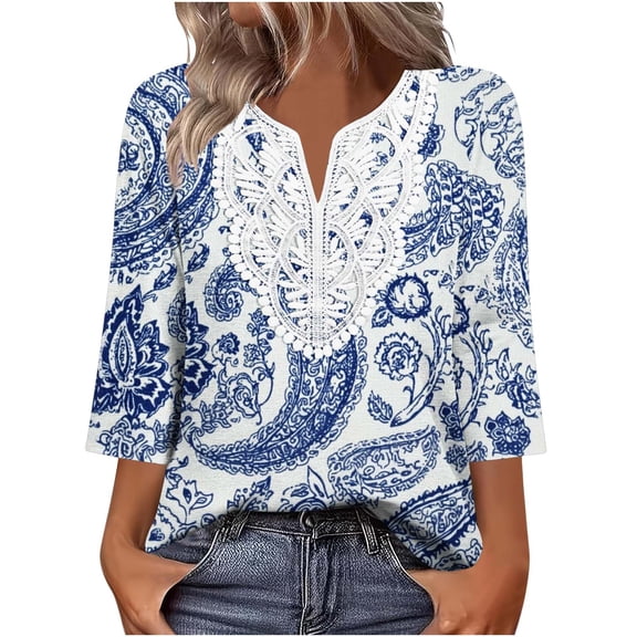 Jsaierl Women's 3/4 Sleeve Tops Plus Size V Neck Lace Shirts Boho Graphic Ladies Blouses Work Holiday T-shirts Top S-2XL