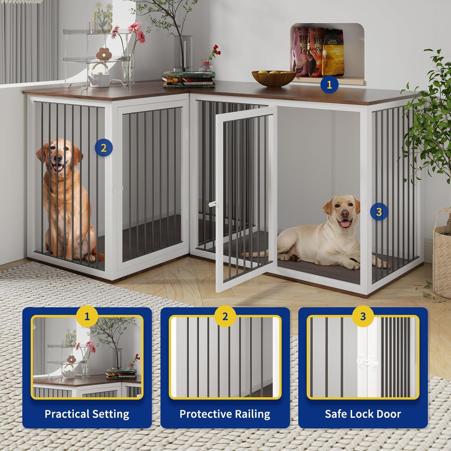 Furniture Style Dog Crate with Double Room, 73 Inch Wooden Dog Kennel with  Removable Divider, Dog House TV Entertaiment Center for Small Medium Large  X-Large Dogs (White with Drawer) – Built to
