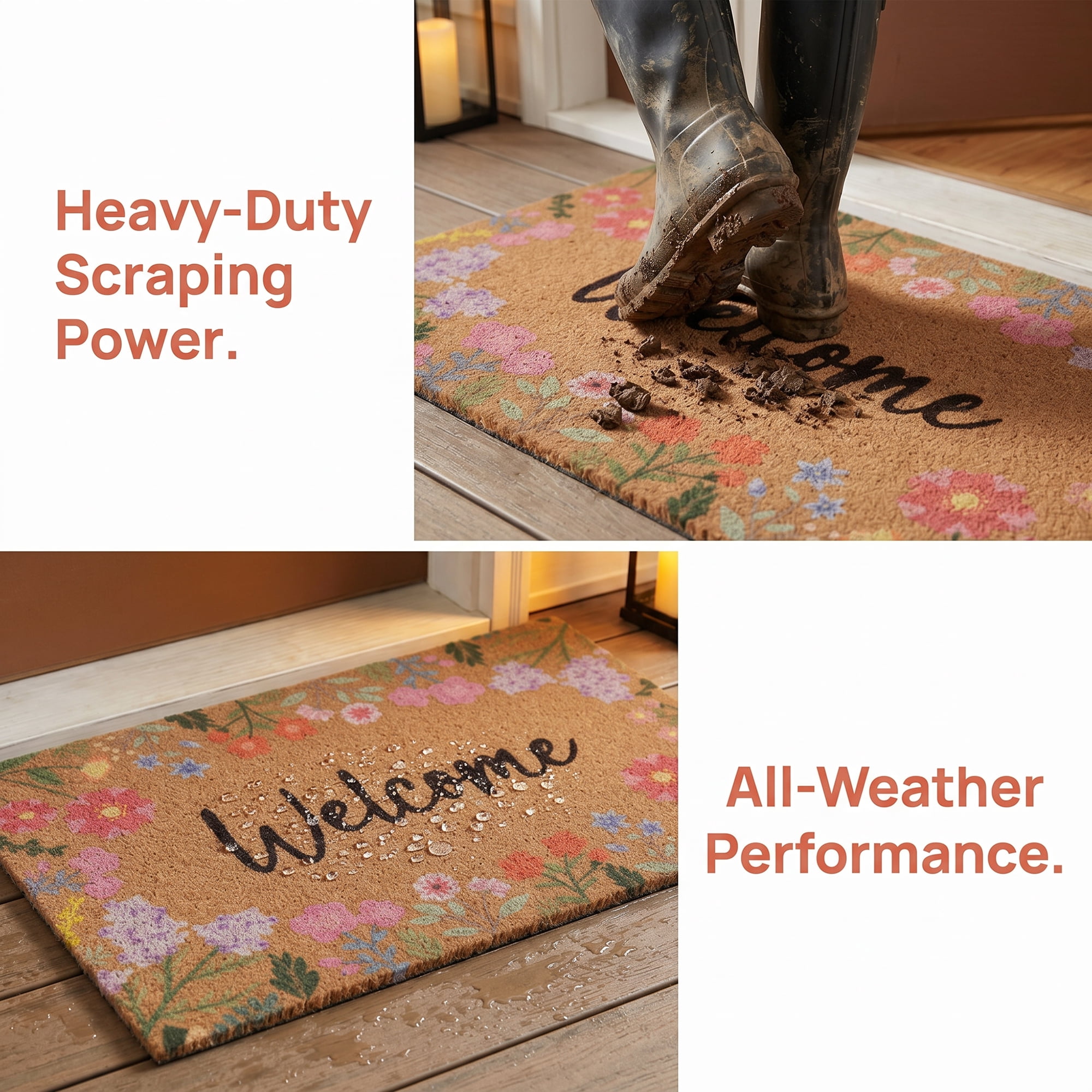 Unique Bargains Natural Coir Non-Slip Backing Waterproof Doormat Brown Flower 32" x 20"