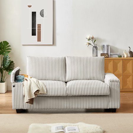 71" Loveseat Sofa,Morden Corduroy Upholstered 2 Seater Couch with 2 USB Charging Ports and Storage Armrest,Comfy Cloud Couches for Living Room,Bedroom,Apartment, Office (Beige)