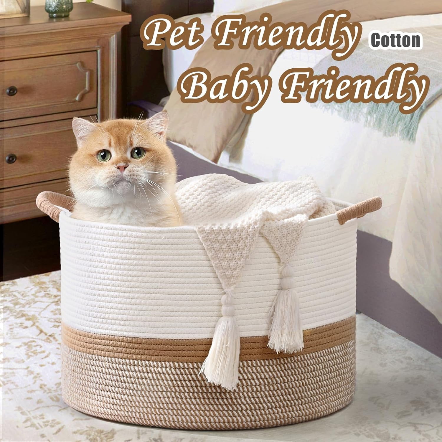 Natubeau Cotton Rope Woven Storage Baskets, 65L Large Round Laundry Hampers Blanket Basket Clothes Basket, 20"W x 13"H Storage Baskets With Handle
