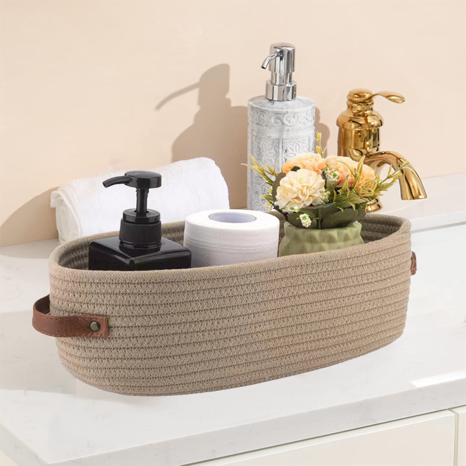 VQPeo Woven Cotton Storage Basket, Multipurpose Bathroom Organizer for Toilet Tank Top & Counters(Khaki)