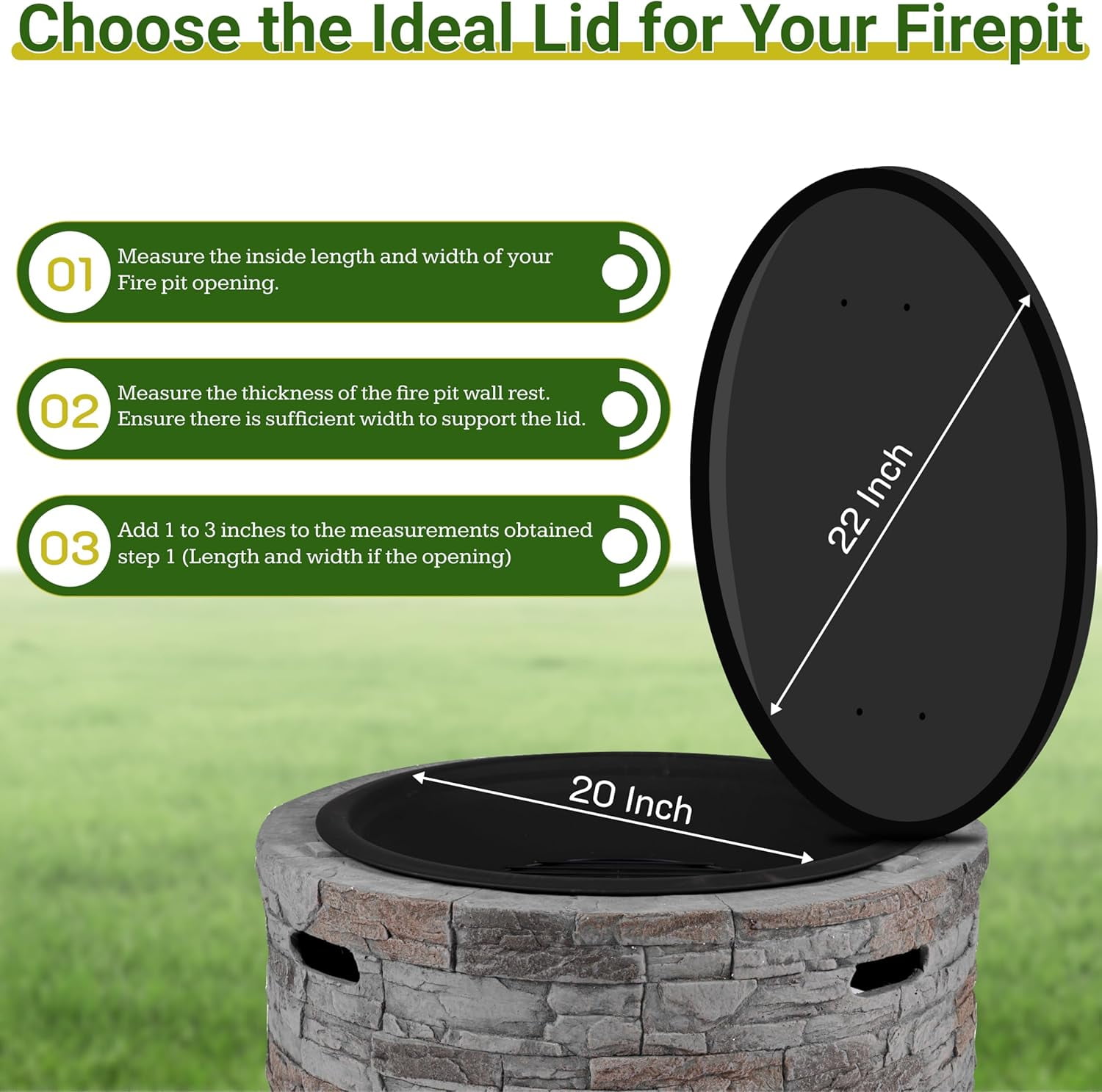FEBTECH - 22 Inch Fire Pit Pan Snuffer Lid - Compatible for 19” Round Drop In Fire Pit Burner Pan & 18” Flat Fire Pit Burner Pan - Rust Resistant 16 Gauge Carbon Steel Fire Pit Lid With Wooden Handle
