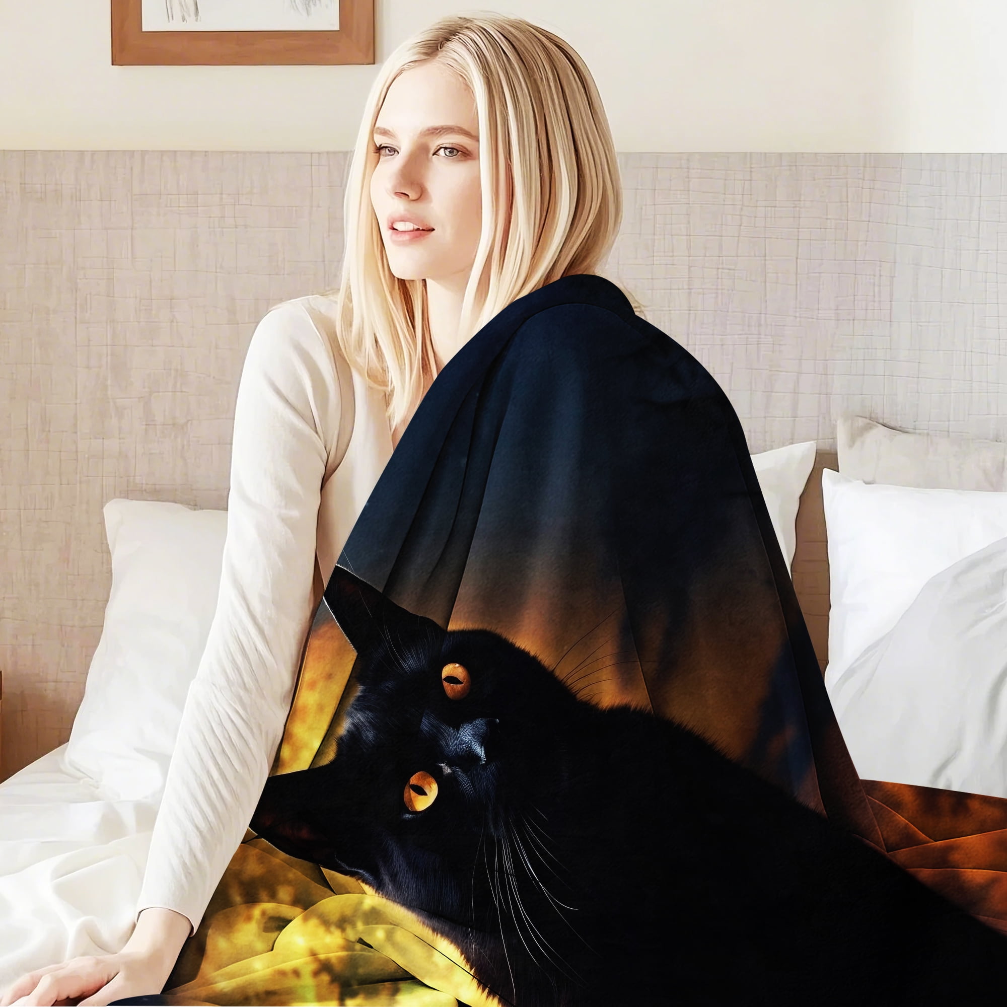 Flannel Fleece Throw Blanket Bed Blanket, Lightweight Cozy Plush Blanket for Sofa Couch, Black Cat 50"X60"