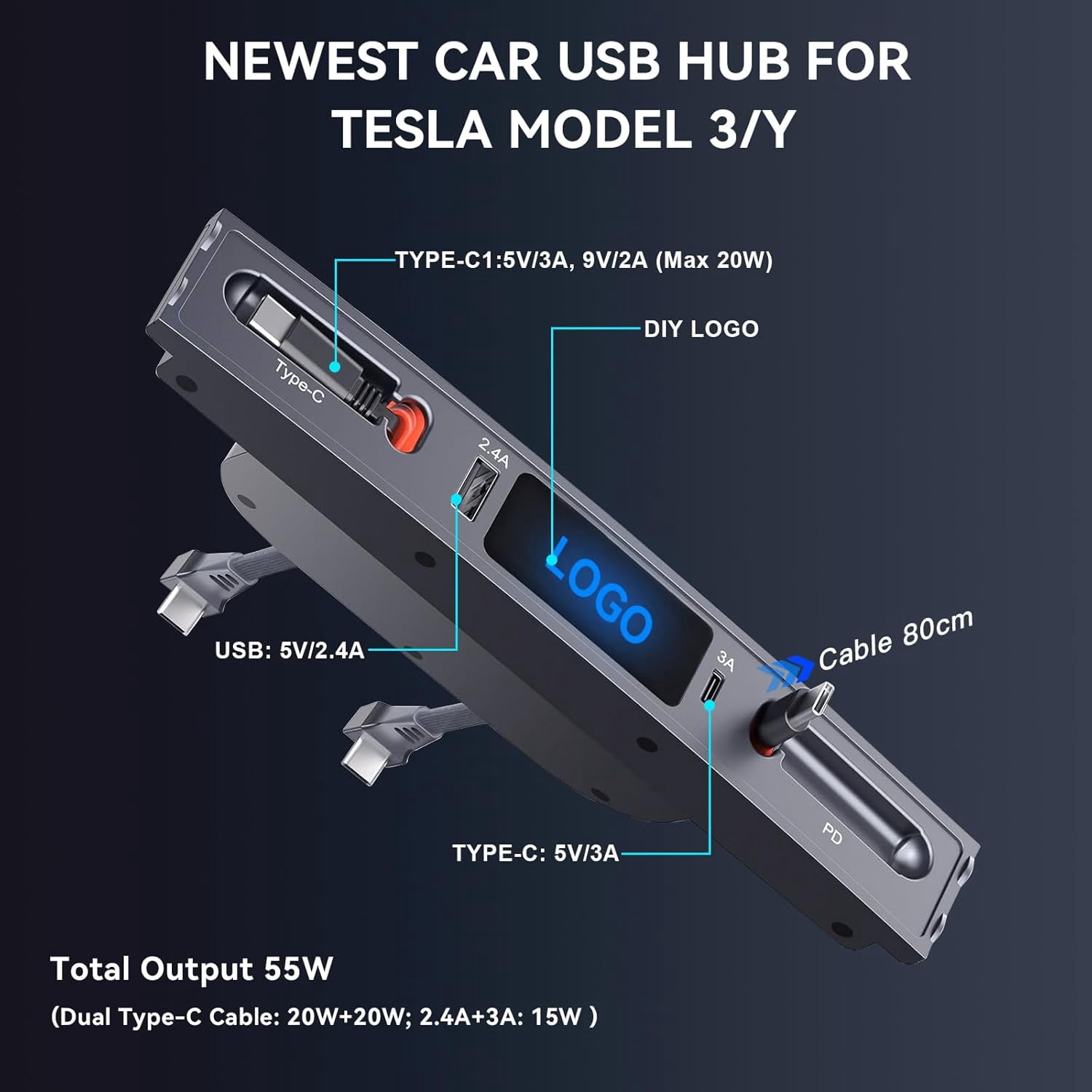 Car USB Charger for Tesla Model 3 Model Y 2024 2023 2022 2021, Upgrade Touch Switch Model 3 Model Y USB Hub with Dual Type-C Cable for Tesla Interior Accessories (Not fit Model 3 2024 Highland)