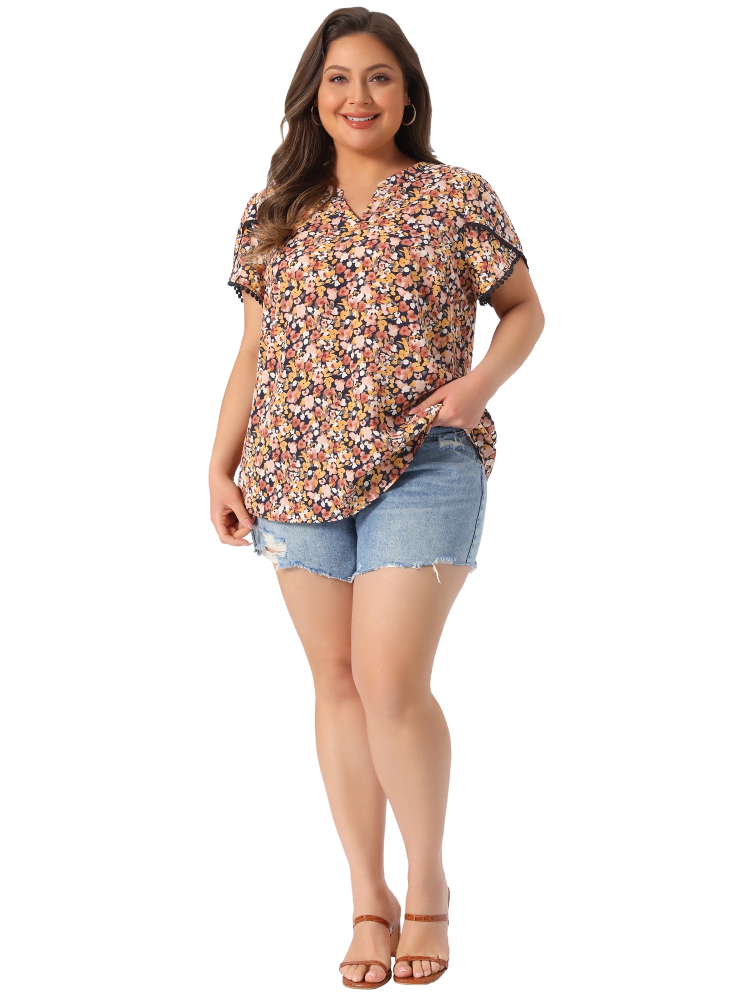 Women's Plus Tops Floral V Neck Tulip Sleeve T-Shirt Tee Summer Top 3X Yellow Pink