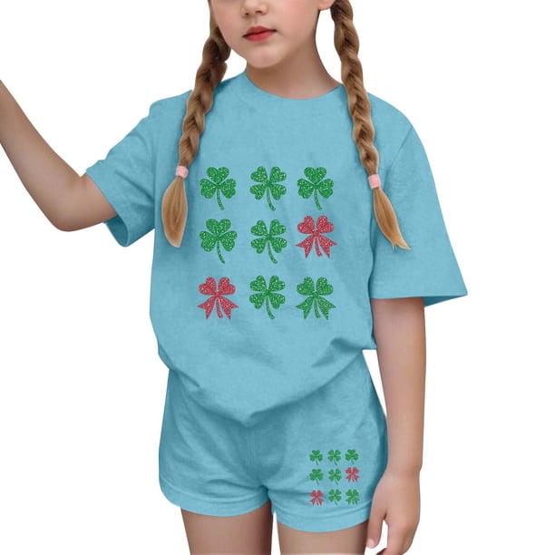 Vestido de Manga Corta para Niños Día de San Patricio Impreso Cuello Redondo de Dos Piezas con Pantalones Cortos, Cómoda Mezcla de Poliéster Spandex