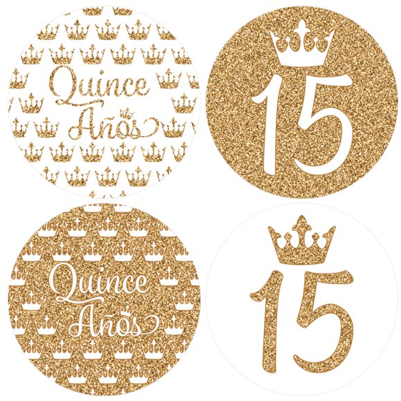 Pegatinas para regalos de fiesta de Quinceañera - 1,75 pulgadas - 40 etiquetas (blanco y dorado)