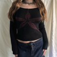 thumbnail image 4 of Women Y2k Off Shoulder Sweater Vintage Floral Graphic Long Sleeve Knit Pullover Slim Streetwear Black Red Flowers S, 4 of 7