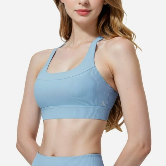 Active Women's Seamless Ribbed Sports Bra with Scoop Neck and Wide Straps - Small, Light Blue