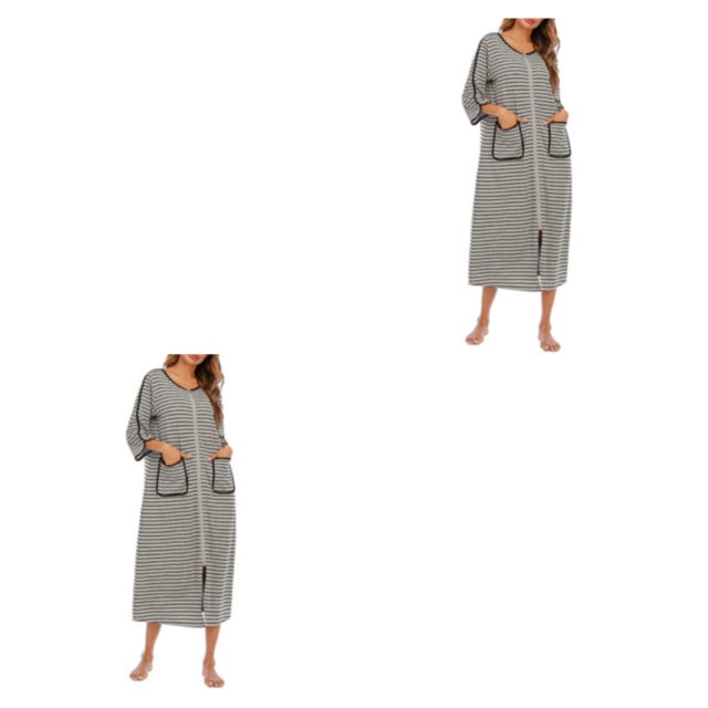 yingyy 1/2/3 Polyester Robe de Nuit Femme Décontractée Col Rond Manches Longues Double Poche Respirante Robe de Maison Vêtement de Nuit Gris TTG 2 Pcs