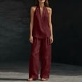 thumbnail image 5 of Textilo Womens Cotton Linen 2 Piece Sets Sleeveless V Neck Halter Top Matching Baggy Wide Leg Pants Outfit Solid Color Outfit Summer Travel Vacation Breathable 2026 Trendy Tracksuit,Wine S, 5 of 5