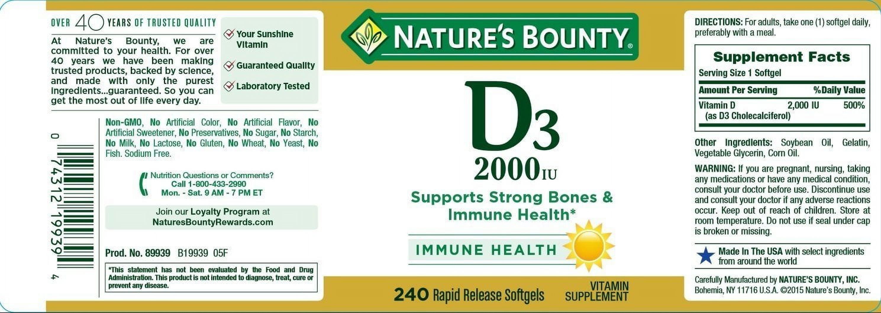 Nature's Bounty Vitamin D3 2000 IU, 240 Softgels