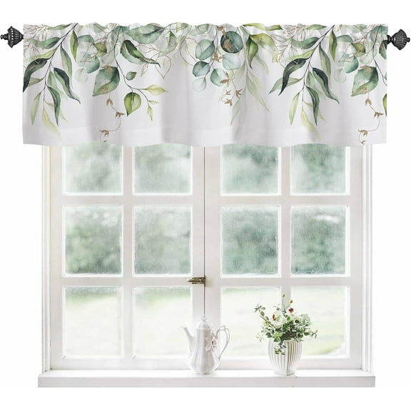 Valance Curtains for Windows,Green Gold Eucalyptus Leaves Semi Sheer Curtain Valance,Watercolor Plant Leaves Window Valance Curtains,Short Rod Pocket Window Treatment for Kitchen Living Room 54"x18"