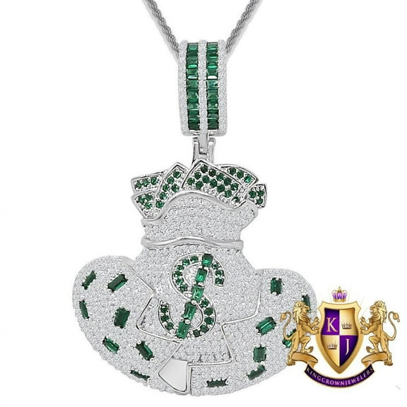 33  Grams Real Sterling Silver Money Bag Cash Green Men's Baguette Pendant Charm