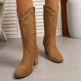 thumbnail image 2 of Mid Calf Cowboy Boots for Women Retro Suede Studded V Cutout Embroidered Chunky High Heel Western Cowgirl Boots Brown Size 6, 2 of 9