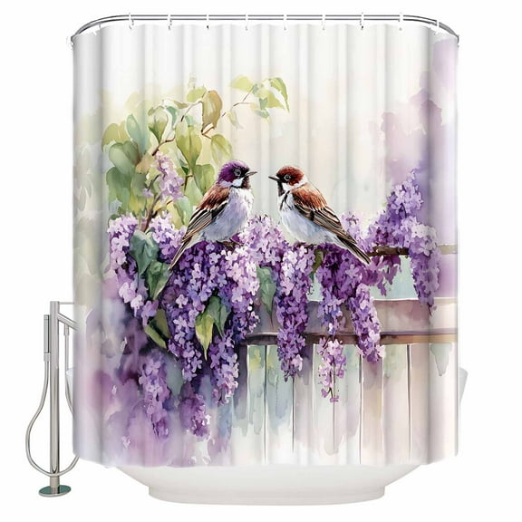 Extra Long Shower Curtain 72x96 Inch, Purple Lavender Shower Curtain Waterproof Bathroom Decor Wildflower Garden Floral Motifs Birds Fabric Bath Curtain Set Accessories with Hooks