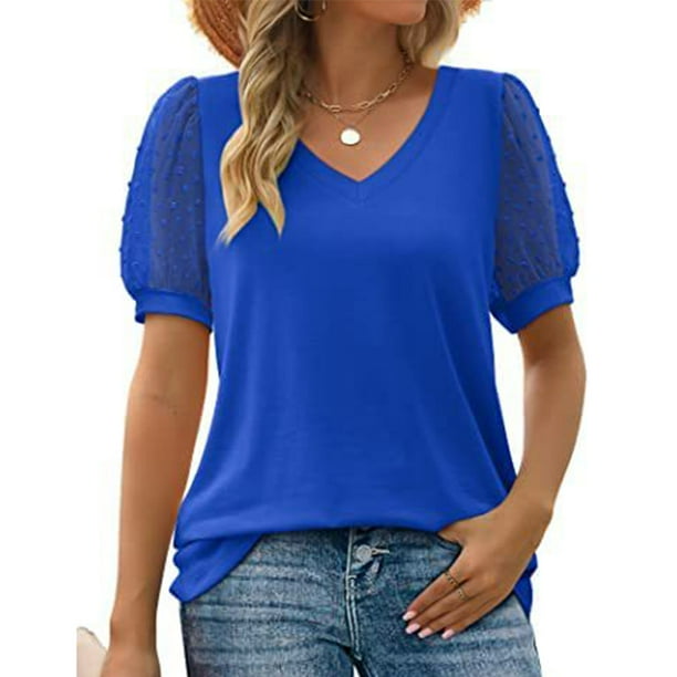 Camisas de manga corta con cuello en V para mujer moda de verano Color puro blusa informal holgada de manga corta para mujer azul real XXL Walmart en linea