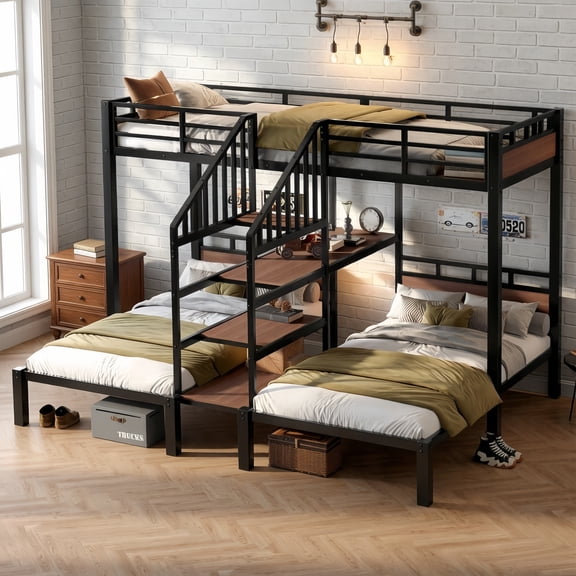 Twin/Twin/Twin Triple Bunk Bed, Kids/Teens Metal Bed Frame with Multi-functional Storage Stairs, Accent Two-Tone Platform Bed