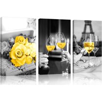 Champagne Red Wine Glass Yellow Rose Kitchen Wall Art for Dining Room Paris Decor Eiffel Tower Abstract Black and White Canvas Paintings Prints Pictures Framed Artwork for Home Kitchen Bar Decorations