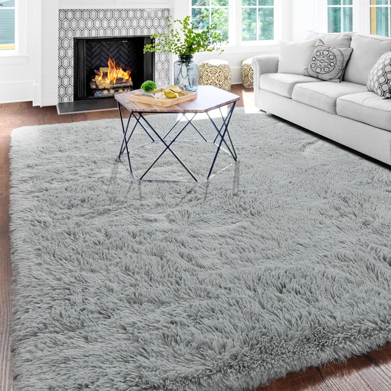 SUSUZI 5' x 7' Shaggy Area Rug, 2" Thick Ultra Plush Fluffy Carpet with Non-Slip PVC Backing, Gray Modern Soft Rug for Bedroom Living Room Kids Room