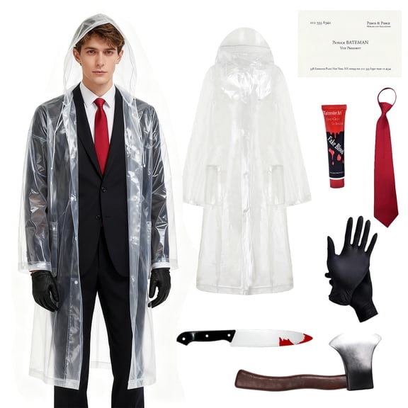 Alaiyaky 7pcs Adults Psycho Costume Transparent Raincoat, Red Tie, Adult Men Cosplay Props Mens Psycho American TV Film Character Halloween Fancy Dress Costume