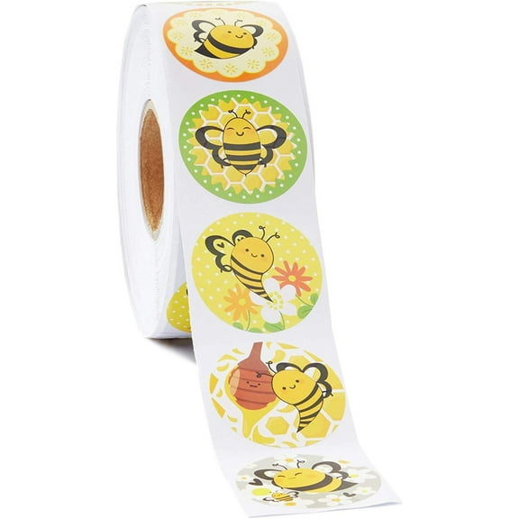 BLUE PANDA Bee Sticker Roll - 1000 Count, 1.5 in Round, Multicolor - Self-Adhesive Bumblebee Stickers for Classroom Rewards & Crafts