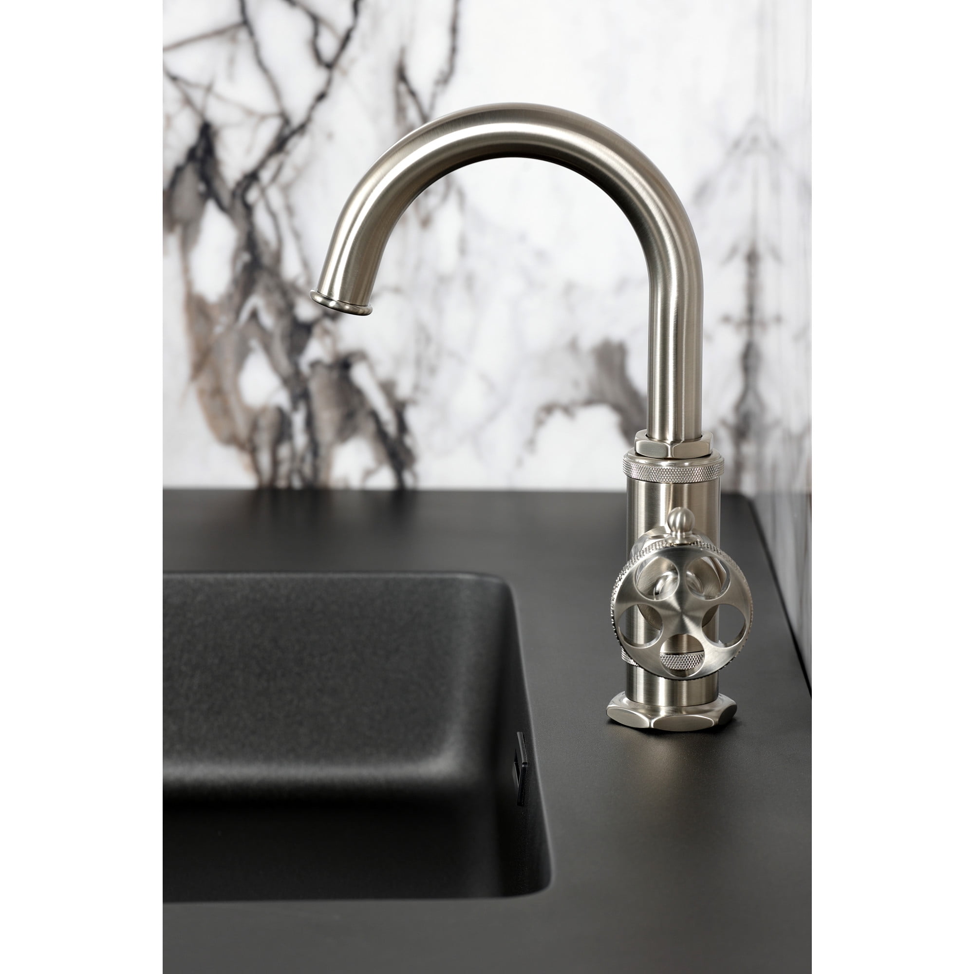 Kingston Brass KSD2218RKX Webb One-Handle 1-Hole Bathroom Faucet with Knurled Handle, Deck Plate, and Push Pop-Up Drain in Brushed Nickel