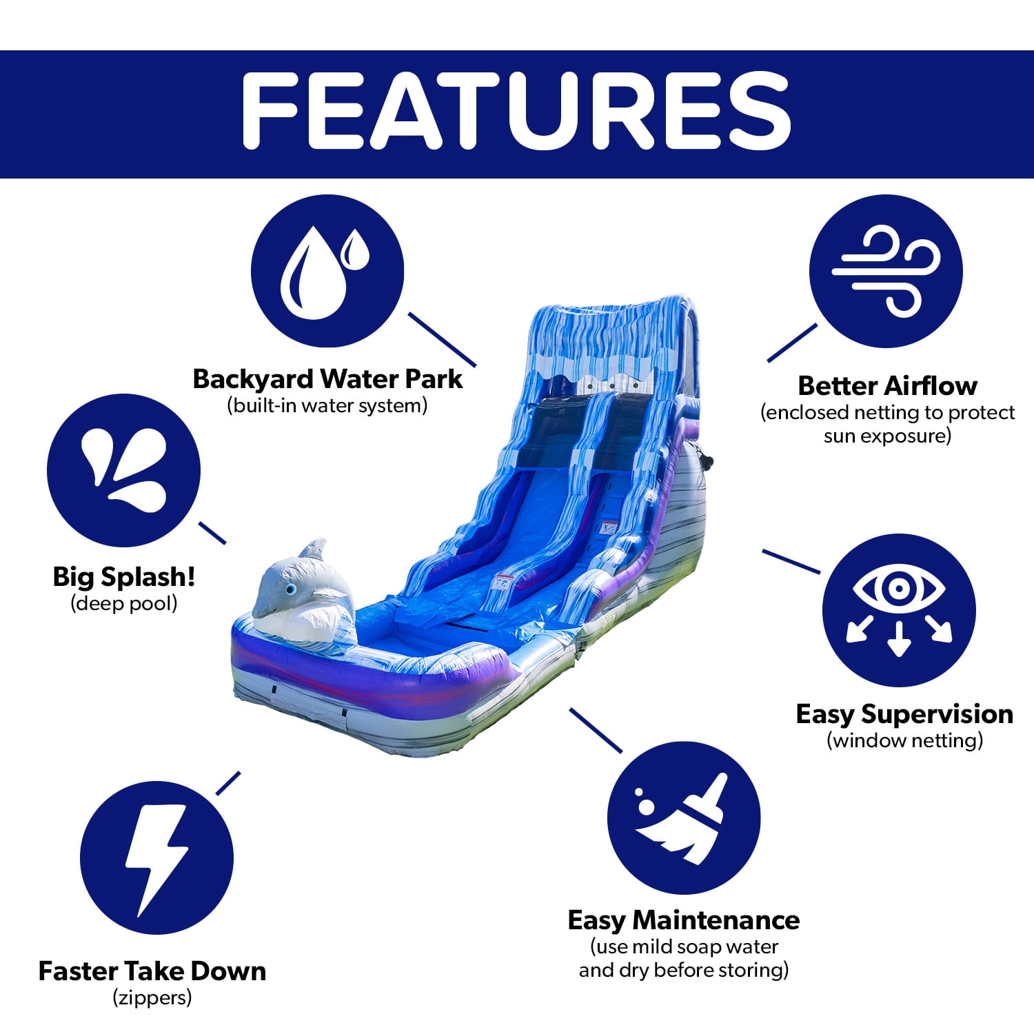 HeroKiddo Dolphin Marble Water Slide with Detachable Pool, Commercial Grade PVC Vinyl, Inflatable (Blower Included)