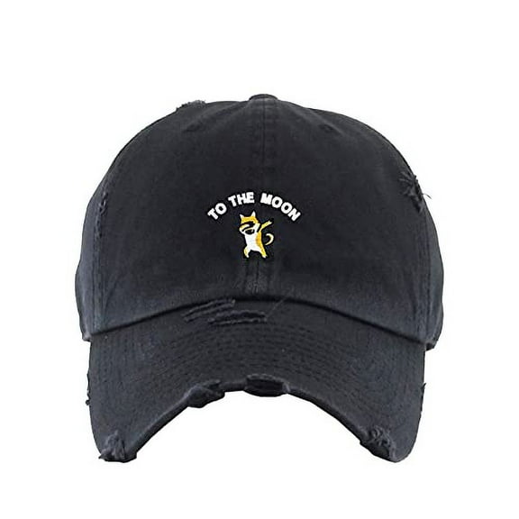 Dogecoin to The Moon Vintage Baseball Cap Embroidered Cotton Adjustable Distressed Dad Hat Brush Black