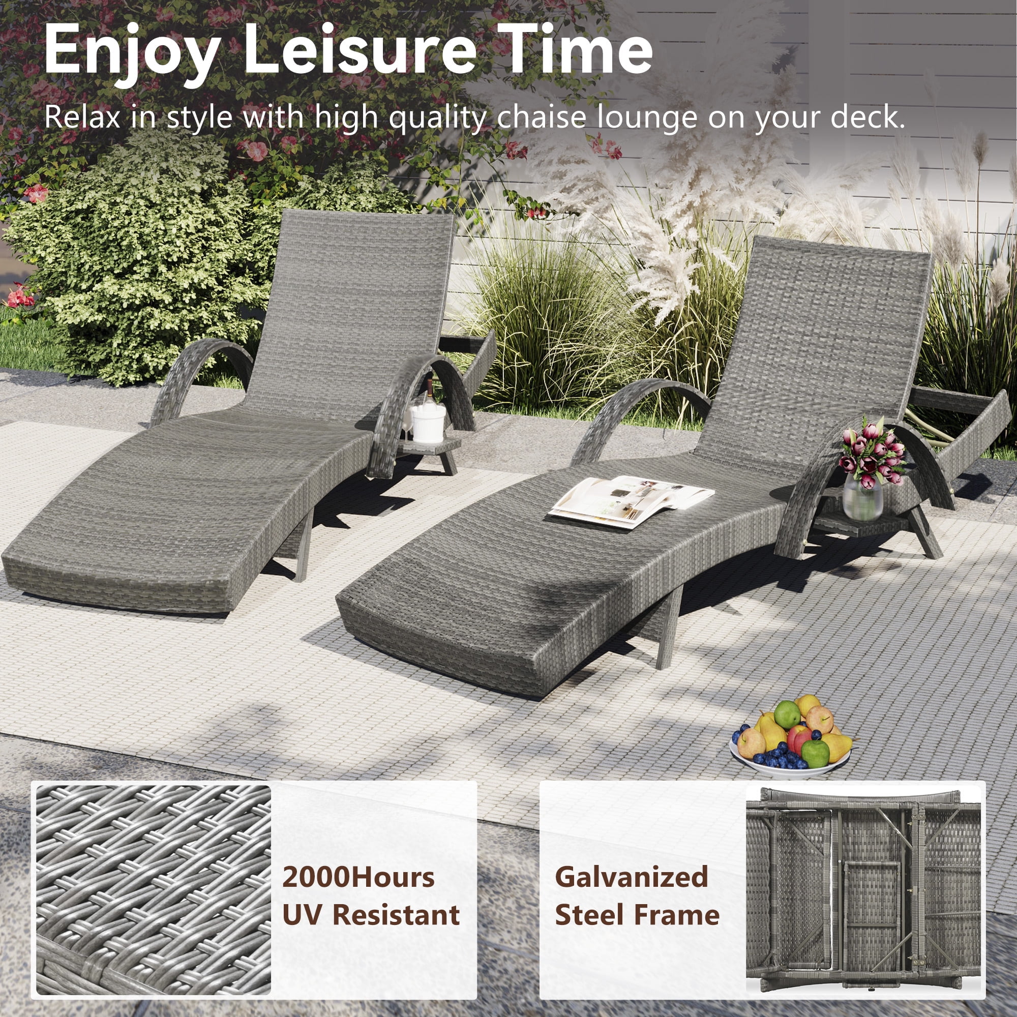 2 Pack Outdoor Wicker Reclining Lounge Chair, 5 Position Adjustable Backrest Pool Side Patio Lounger with Pull Out Side Table, Grey