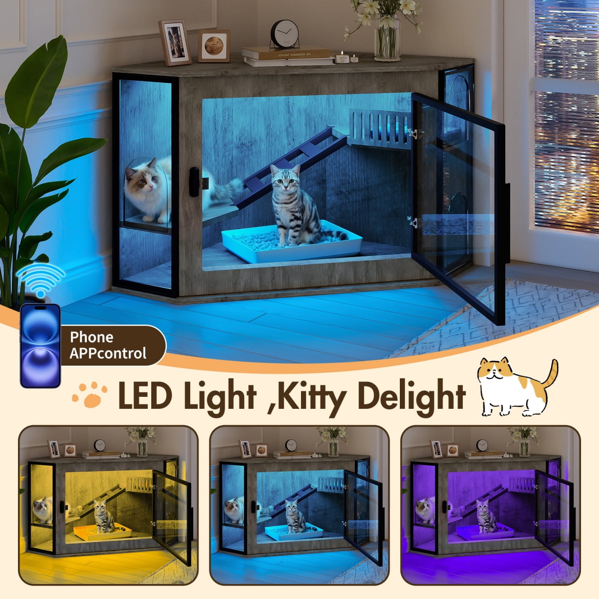 LuckyNote 48" Corner Cat Litter Box Enclosure, Modern Hidden Litter Cabinet with Acrylic Door & LED Light, Cat House with Playground Stairs