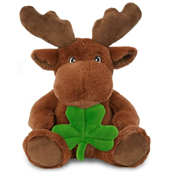 DolliBu Eco-Friendly Moose Stuffed Animal with Green Plush Shamrock, Cute Green Shamrock Plush, Fun St Patricks Day Stuffed Animal Moose, Good Luck St Patricks Day Toys for Kids, Baby - 9 Inches