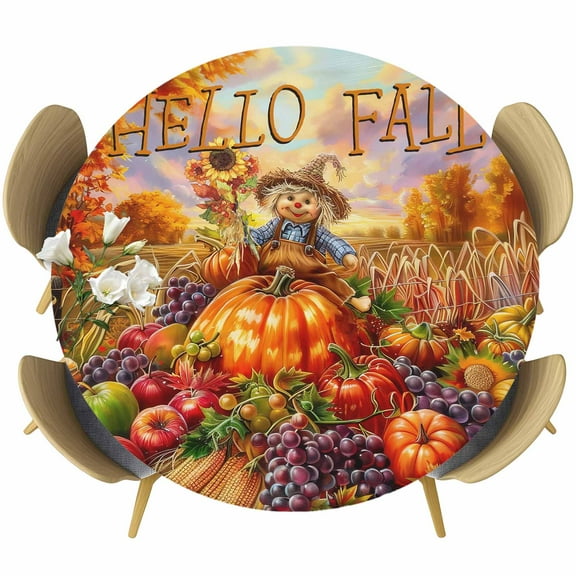 Fall Scarecrows Round Tablecloth 55-60 Inch Round Fitted Table Cloth with Elastic Edge, Autumn Thanksgiving Farm Pumpkins Fruit Waterproof Table Cover Protector for Outdoor Picnic Party Dining