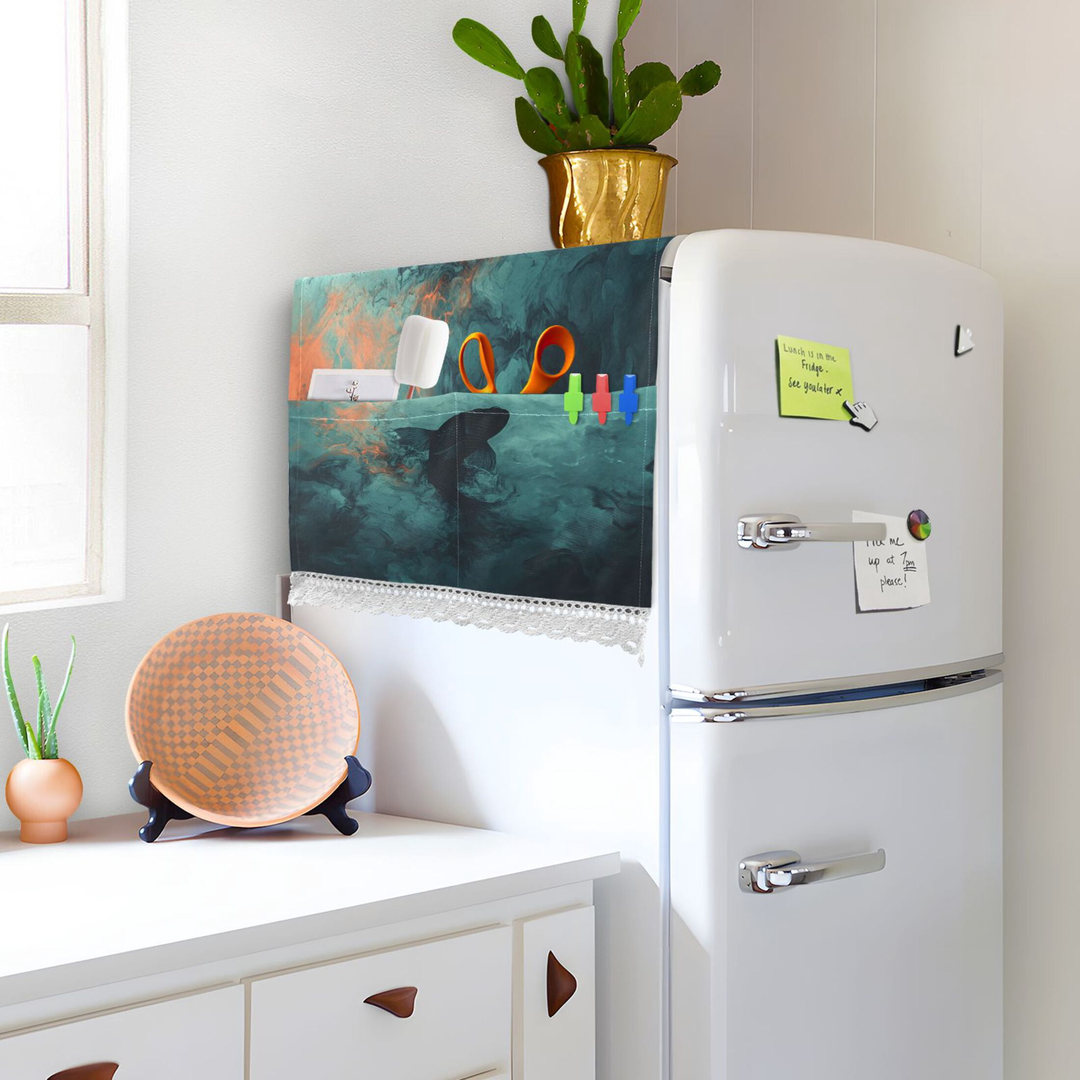 Fish Of The DeepWasher and Dryer Covers Dust-Proof and Oil Resistant Fridge Cover with 4 Storage Pockets Washing Machine Top Cover for Laundry Kitchen Home 51.2 x 22 In