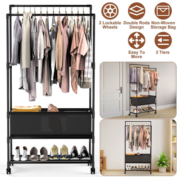 Moclever Double Rods Garment Rack with Storage Bag Height Adjustable Portable Clothing Rack with Shelves Lockable Wheels, Black