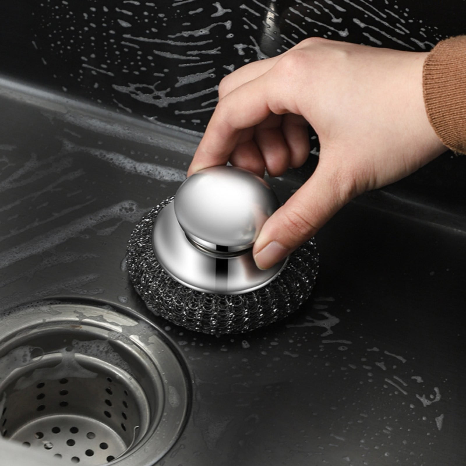 Steel Wool Scrubber with Handle, Heavy Duty Dish Scrubber, Steel Brush for Cleaning Pots, Pans, Grills, Sink (4 Pack)