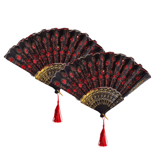 Red Sequined Folding Hand Fans for Wedding Gifts, Dance Props, and Costumes, Set of 2