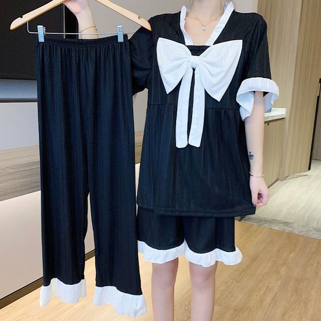 Pijamas de verano con lazo para mujer, ropa de dormir de manga corta, conjuntos de pijama de retazos, traje de 3 piezas, ropa de noche coreana 2023