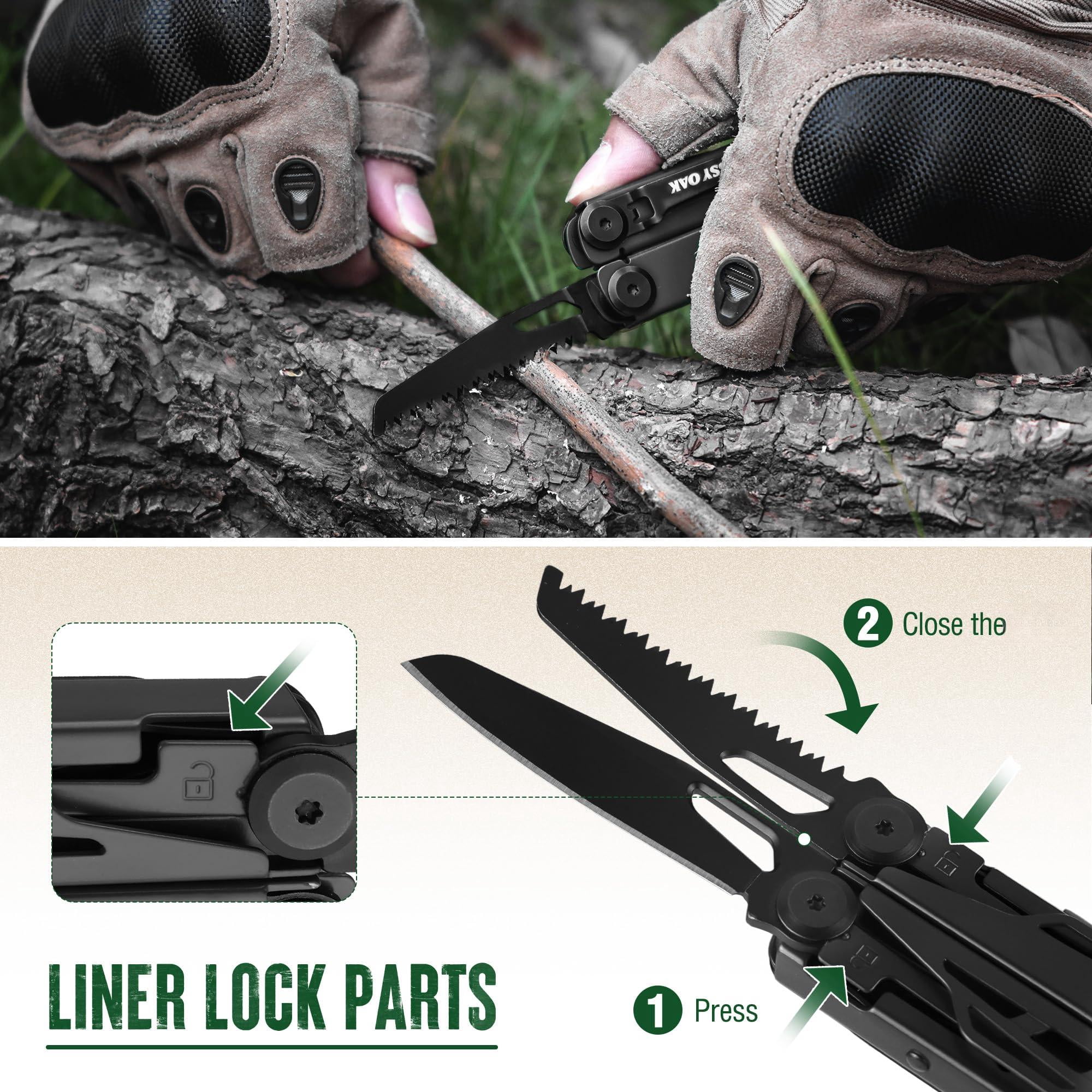 Mossy Oak Cnc-machined Multitool Pliers  27-in-1 Multi Tool With Pocket Fire Starter & Whistle Bottle Opener - Self-locking For Camping Hiking Black