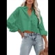 thumbnail image 2 of Camisas de Mujer con Botones, Tops Casuales de Larga, Blusa con Solapa y Bolsillo en el Pecho Verde Esmeralda M, 2 of 8