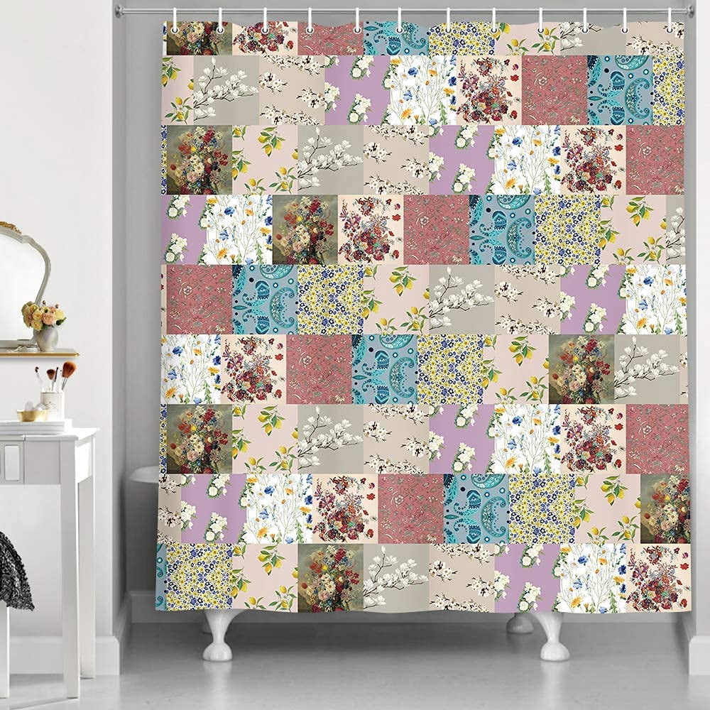 Floral Shower Curtain, Patchwork Boho Shower Curtain Design Various Flowers Print Paisley Pattern Bathroom Curtains for Farmhouse Cottage Vintage Style, 69X70 Inches