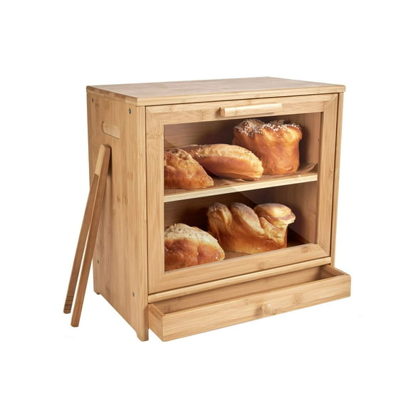 Bamboo Wooden Bread Box for Kitchen Countertop, Storage Box with Transparent Window, 2-Layer Large Capacity, Kitchen Bread Holder, Self Assembly