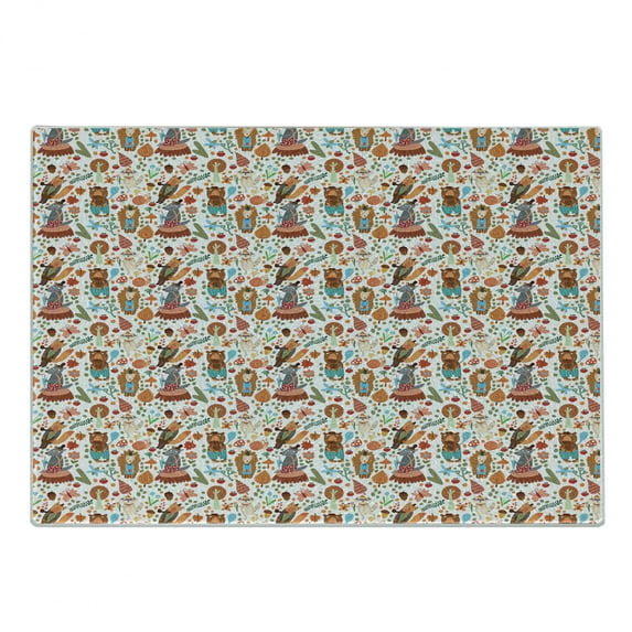 Colorful Cutting Board, Forest Animals and Foliage Pattern with Fox Wolf Snail and Mosquito Cartoon Jungle, Decorative Tempered Glass Cutting and Serving Board, Small Size, Multicolor, by Ambesonne